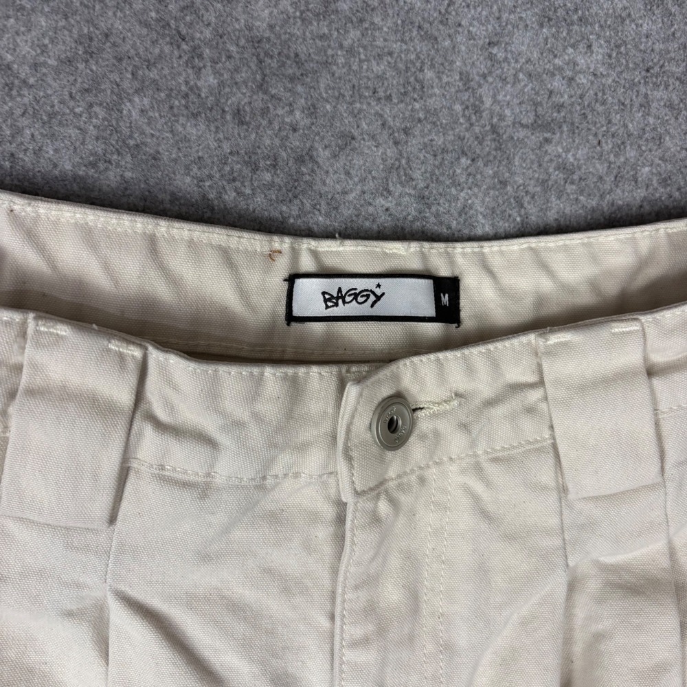 Baggy Mens Pleated Wide Leg Canvas Pants Cream Off White Streetwear Size M - Picture 7 of 7